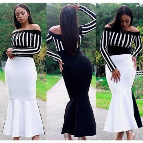 Sexy Off The Shoulder Long Sleeve Stripe Bandage Women Dress