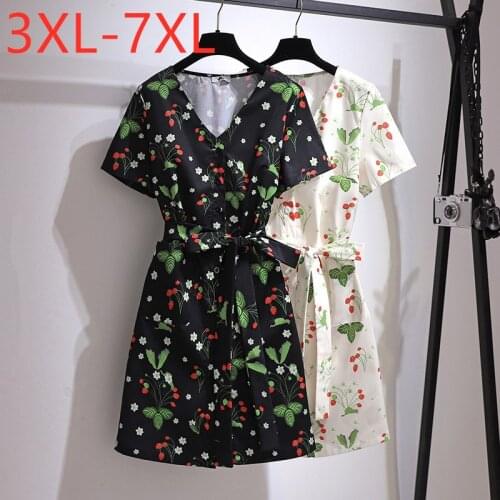 New 2021 Ladies Summer Plus Size Mini Dress For Women Large Short sleeve Loose Black Floral Print Belt Dress 3XL 4XL 5XL 6XL 7XL