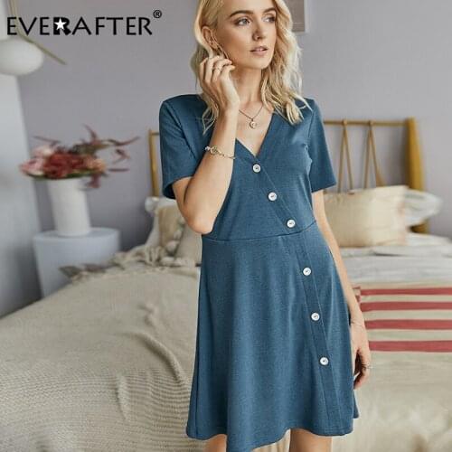 EVERAFTER Vintage buttons women dress v-neck short sleeve high waist summer office solid dresses casual slim female vestidos