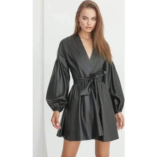 Women Sexy Deep V Neck Front Cross Sashes Vintage A Line Dress Lantern Sleeve Elegant Dress 2021 Spring Casual Women Mini Dress