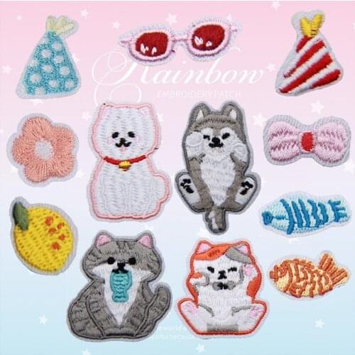 100pcs/lot Small Embroidery Patch Lemon Flower Cat Fish Dog Glasses Sticker Clothing Decoration Backpack Iron Heat Applique