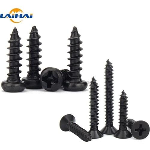 100pc M1 M1.2 M1.4 M1.7 M2 M2.6 M3 M3.5 Black Steel Small Phillips Flat Countersunk Cross Round Pan Head Self-tapping Wood Screw