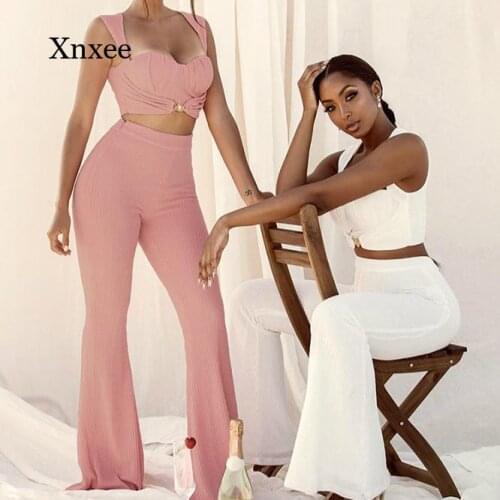 2021 Summer Outfits Womens Sleeveless Tight Short Top High Waist Flared Trousers Fashion Sexy Bandage 2 Two-Piece Pants Set