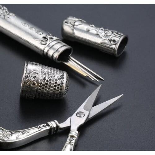 3pcs Set Sewing Tool Set Vintage Scissors Sewing Thimble Needlecase Sewing Kits For Needlework