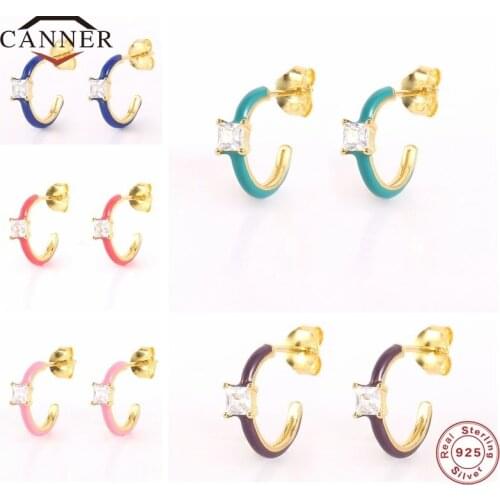 CANNER 100% 925 Sterling Silver C-shaped Dripping Oil Pendients Zircon Pierced Cartilage Stud Earrings for Women Earring Jewelry