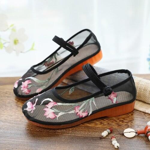 Summer Ladies Gauze Fabric Embroidered Shoes Vintage Chinese Style Breathable Comfort Walking Ballet Flats Black White