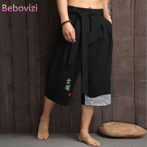 Embroidery Japanese Kimono Traditional Pants Men Asian Clothing Bath Casual Loose Japan Style Yukata Trousers Linen Cropped Pant