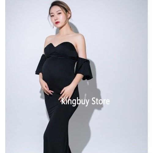 Black Women Photography Props Long Maternity Dresses Pregnancy Pregnant Skirts Clothes Perspective Elegant Studio Photo Prop