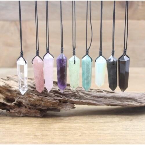 Reiki Chakra Crystal Double Point Pendants Hide Rope Necklaces,Healing Quartz Amethysts Obsidian Bullet Pendulum Jewelry,QC3064