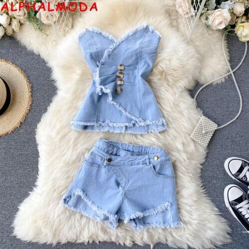 ALPHALMODA Denim Suit 2021 New Womens Off-shoulder Slim Pleated Bra Top Shorts Design Fringe Two Piece Shorts Set
