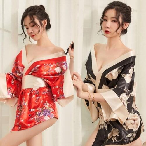 2 Pieces Floral Print Kimono Dress Robe Women Cosplay Suit Bathrobe Satin Sleepwear Nightgowns Spa Sauna Robe Nightwear