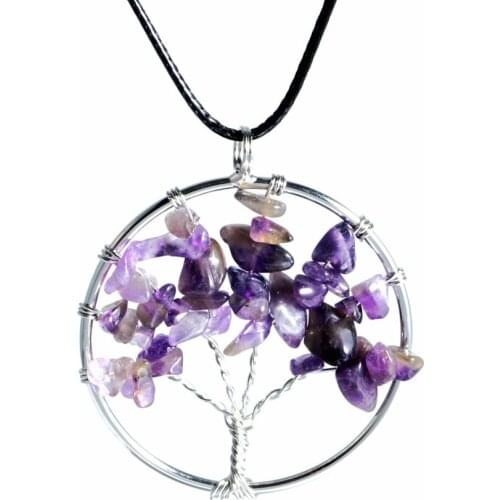 Hot Sale Natural Purple Crystal Stone Pendant Tree of Life Pendant Necklace With Black Leather Necklace DZ0115a