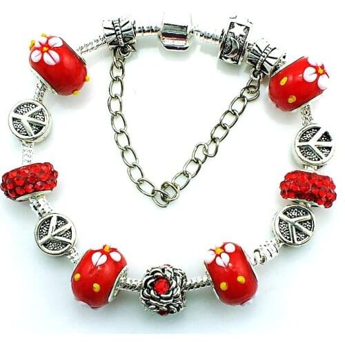 JINGLANG New Fashion Europe Silver Plated Red Rhinestone Murano Ceramic Beads Infinity Chain Cuff Bracelets DIY Jewelry