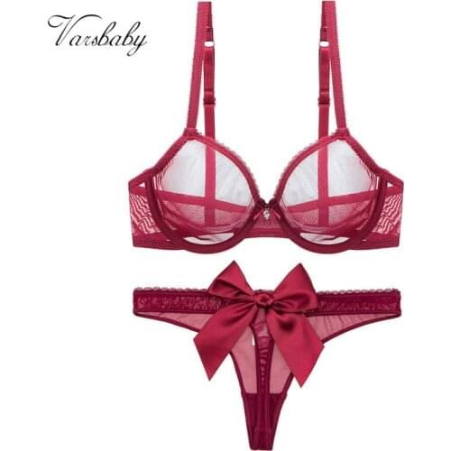 Varsbaby Big Bow Lace sexy unlined thong yarn underwear breathable bra set