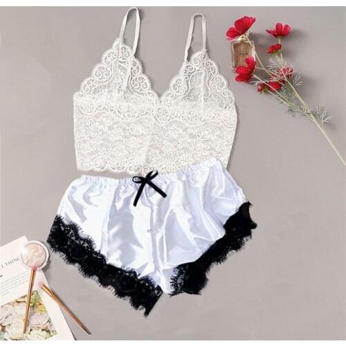 Sexy Bra Set Women Floral Lace Cami Top With Satin Shorts Lingerie Sets Fashion Thin V-neck Push Up Underwear Set Lenceria Mujer