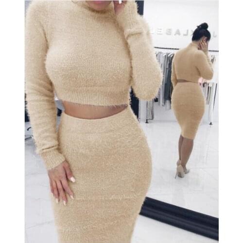 FNOCE autumn winter womens sets fashion casual sexy solid color turtleneck long sleeve short sweater and bust skirt two-piece