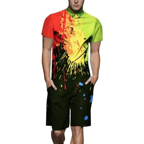 Summer Men Fashion Design Romper Splashing Ink Color Print Playsuit Men Short Sleeve Beach Sets Casual Jumpsuit Overalls US Size