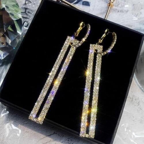 Fashion Geometric Earring Luxury Gold Silver Color Rectangle Rhinestone Drop Long Party Dangle Gift Shining Jewelry Women