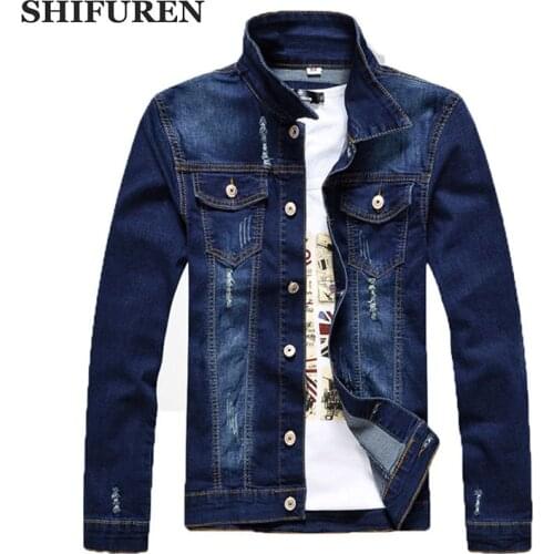 SHIFUREN Men Ripped Holes Jeans Jacket Long Sleeve Male Frayed Cowboy Motorcycle Denim Jackets Single Breasted Streetwear