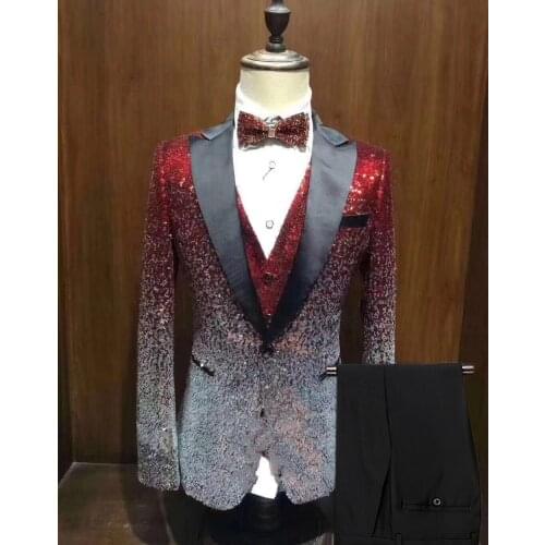 Mens Suits 3 Piece Sequin Glitter Embellished Peaked Lapel for Nightclub Party Banquet Mens Suit for Wedding(Blazer+Vest+Pant)
