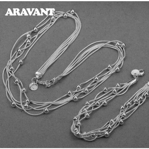 925 Silver Multi Layer Bead Necklace Bracelet Set For Women Wedding Fashion Jewelry