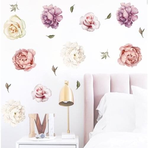 Powder Purple Peony Flower Wall Stickers Romantic Flowers Home Decor Wall Decal Mural for Bedroom Living Room Wallpaper