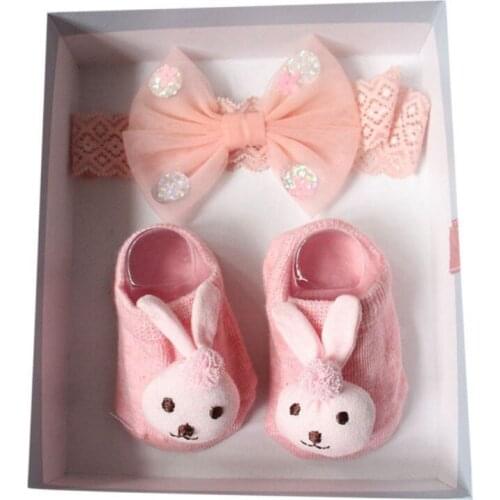 Baby Girls Socks Headband Set Lovely Flowers Decorated Anti-Slip Cotton Ankle Socks With Elastic Hair Band Sets 2pcs