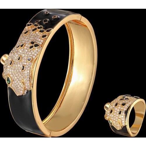 Zlxgirl brand New year Jet Enamel Animal Love Bangles gifts Full pave cubic zircon leopard Bracelet with ring jewelry sets