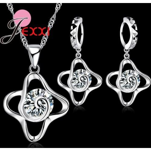 New Jewelry Set Four Petals Shape 925 Sterling Silver CZ Necklace + Dangle/Hoop Earrings Jewelry Sets For Women Gifts