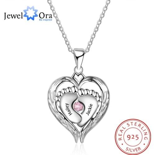 JewelOra 925 Sterling Silver Personalized Baby Feet Necklace with Birthstone Silver 925 Heart Pendant Jewelry Gift for Mother