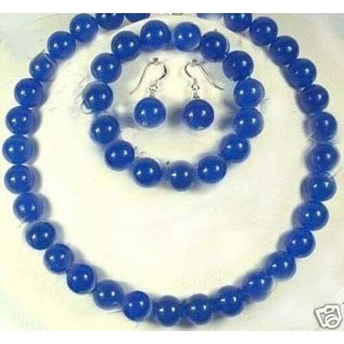 10MM Round Dark Blue Chalcedony Beads Necklace +Bracelet +Earrings Set Women Fashion Jewelry Set Natural Stone (Minimum Order 1)