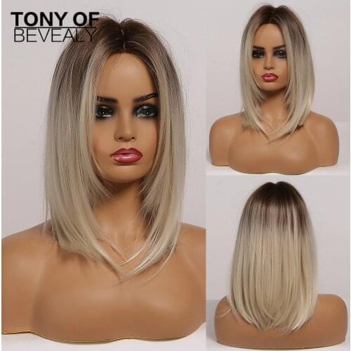 Brown to Light Blonde Ombre Hair Medium Straight Layered Bob Synthetic Wigs Middle Part For Women Heat Resistant Cosplay Wigs