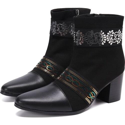 Plus Size Pointed Toe Mens Black Suede Leather Boots Print Sequins Male 7cm High Heels Ankle Boots Wedding Party Botas De Hombre