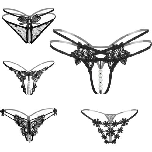 Sexy Women Underwear Panties Female Massage Pearl Lingerie G-stings Hollow Thong Young Girls Hot Embroidery Lace T-back Panties