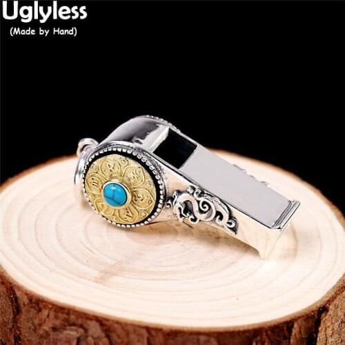 Uglyless Can Blow Whistle Pendants for Men Spinning 6-Word Mantra Necklaces NO Chains Agate Turquoise 925 Silver Dragons Jewelry