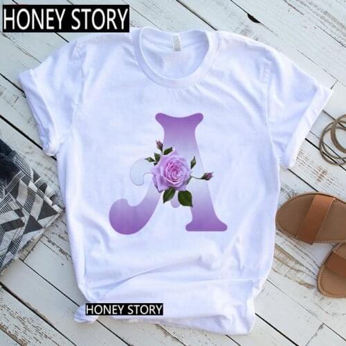 Womens Custom Name Rose Letter Combination Printed T-shirt Flower Purple Letter Font A B C D E Short sleeve Tshirt,Drop Ship