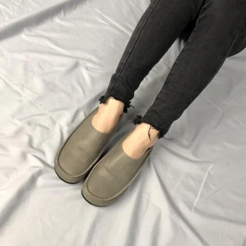 Women Solid Flats Shoes Simple style Handmade Sewing Genuine Leather Female Loafers Retro Casual Moccasins Lady Driving Shoes