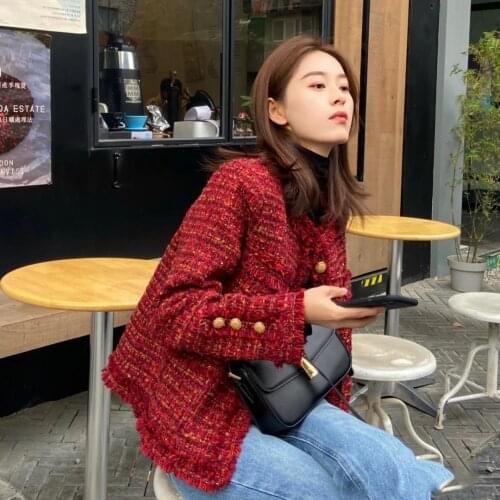 Women Winter Jacket Red Temperament Woven Tweed Vintage Button V-Neck Long-Sleeved Design Coat
