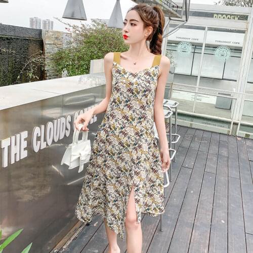 Women 2021 Summer Fashion Printed Sleeveless Dresses Female Square Collar Split Dress Ladies Printed Camisole Vestidos K244