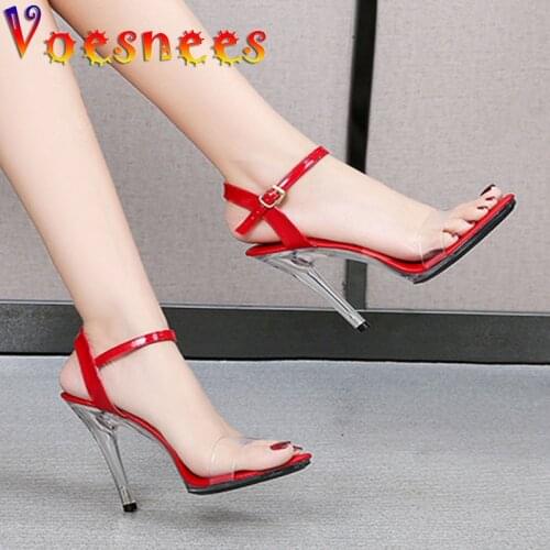 Voesnees Women Sandals 2021 New Sexy Transparent Jelly Crystal High Heels Summer Office 11CM Model Catwalk Show Stiletto Shoes
