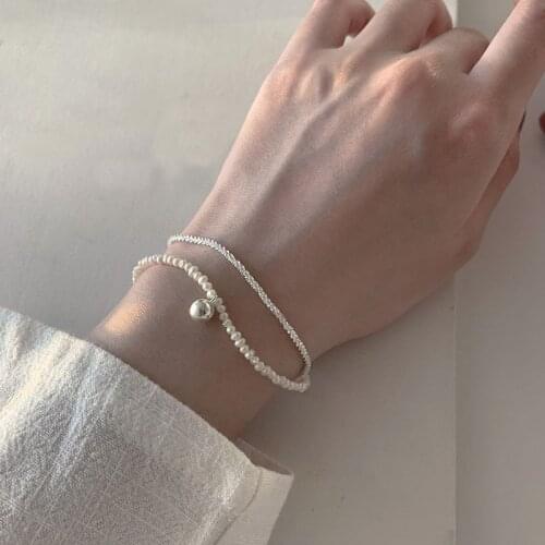 925 Sterling Silver Double Layer Pearl Shiny Chain Bracelet For Women Simple Temperament Womens Jewelry S-B588