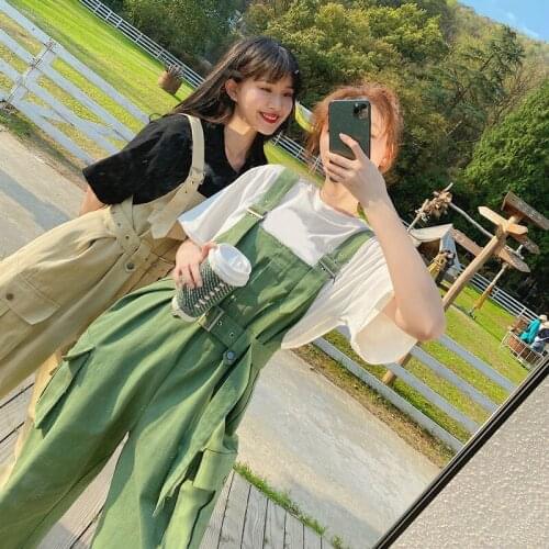 Womens two-piece suspenders + t-shirt women spring and summer new loose straight tube high waist Siamese overalls suit
