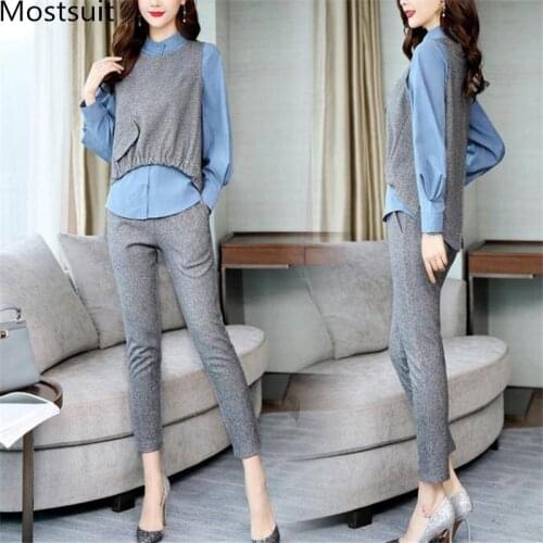 2019 Autumn Office 3 Piece Sets Outfits Women Plus Size Shirt+vest+pants Suits Elegant Korean Casual Womens Sets Femme 2019