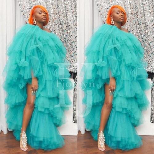 Fashion Turquoise Tulle Dresses Women Ruffles Long Evening Prom Gowns Girls Birthday Party Dress Robe Custom Made Skirts 2020