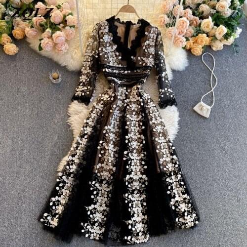 Women Autumn Dress 2021 New Ladies Dot Mesh Lace Long Embroidered Flower Dress Women V Neck Half Sleeve Elegant Vintage Vestidos