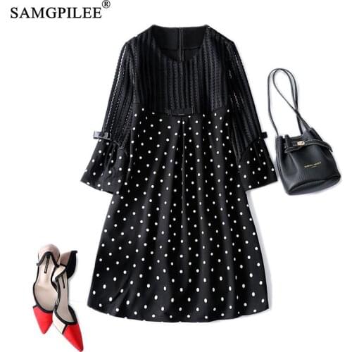 Autumn Dresses For Women 2021 New Korean Style Fashion Hollow Matching Wave Dot Chest Bow Lantern Sleeves Spring Black Dress 4XL