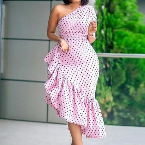 Women Pink Polk Dot Dress One Shoulder Ruffle Bodycon Sexy High Waist Slim Midi Length Summer Evening Party Female Clothes