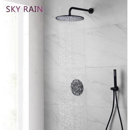SKY RAIN Bathroom Matte Black Brass Rainfall Shower Head With Thermostatic Valve Shower Set