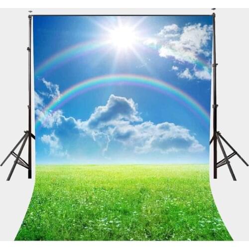 150x210cm Beautiful Natural Scene Backdrop Colorful Rainbow Sunny Sky Green Grassland Photography Background