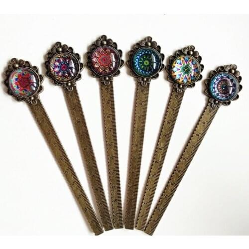 24pcs (Mixed12 styles ) Bandanna Bookmark Mandala Flower Glass Ancient Silver/Bronze Straight-ruler Bookmarks jewelry wholesale